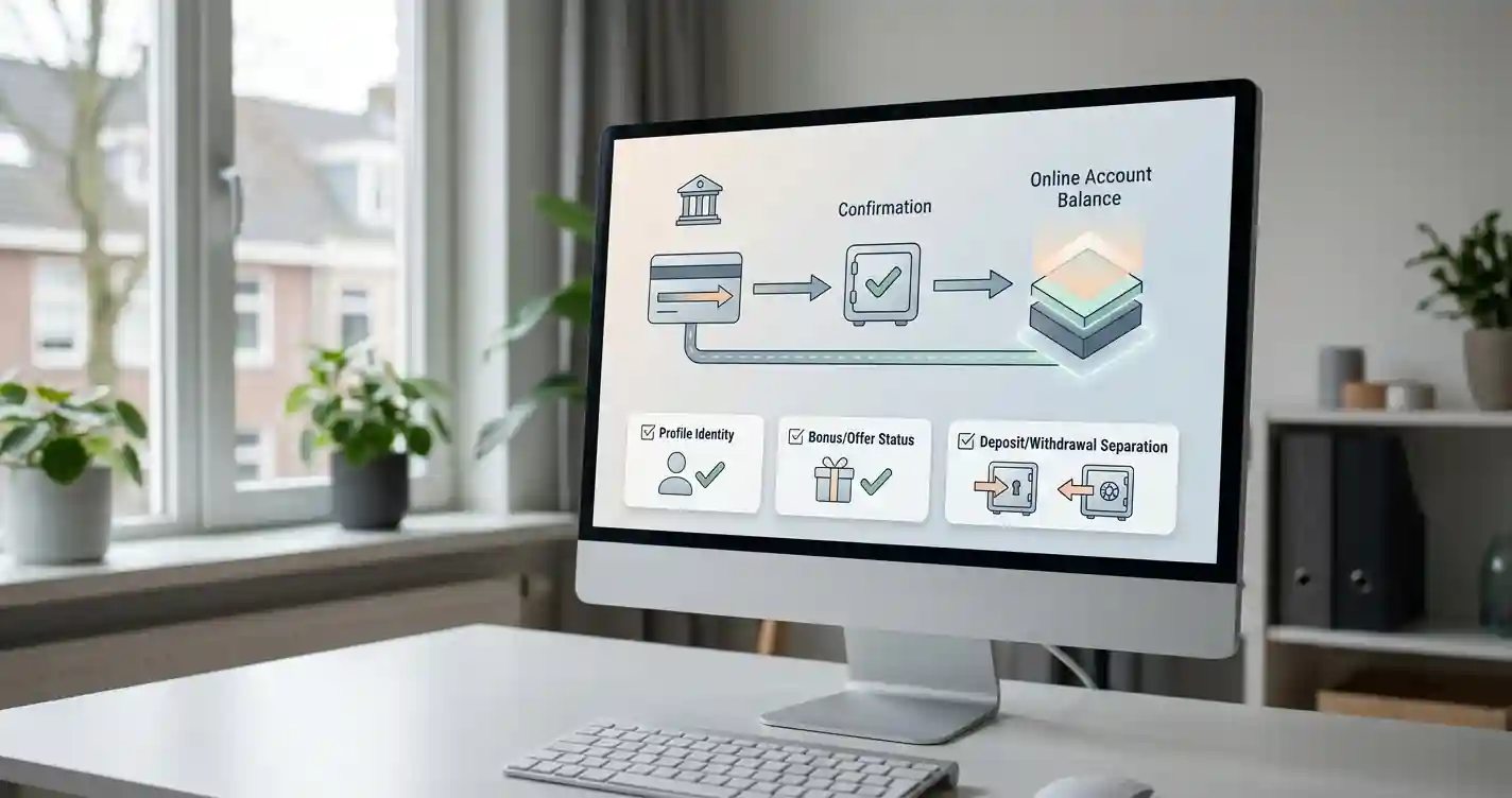 Neutrale illustratie van een Nederlandse online bankbetaling met eurostroom en controlepunten zonder merklogo's