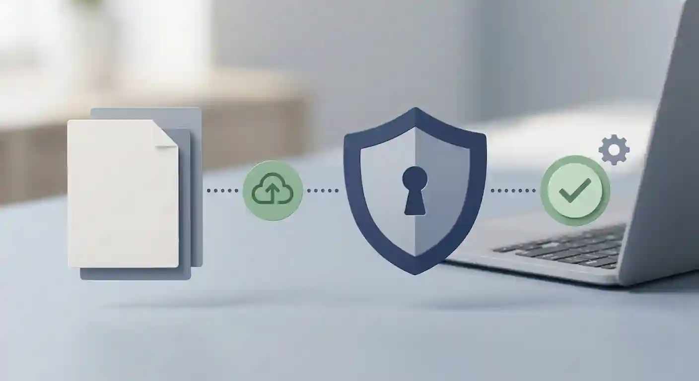 Conceptuele KYC-verificatie met identiteitsbescherming, documentvlakken en veilige upload zonder echte identiteitsdocumenten