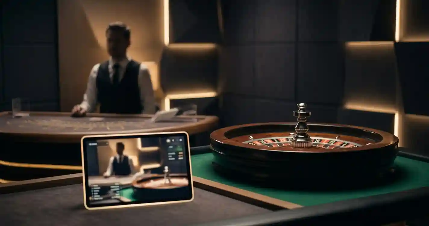 Conceptuele live casino studio met roulette, blackjacktafel en videostream zonder echte dealer of merkinterface